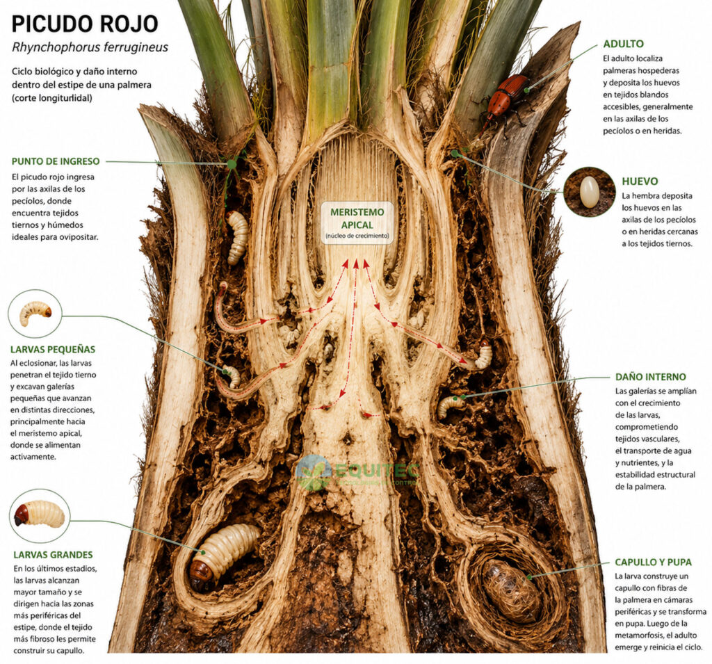imagen ilustrativa del ciclo biológico del picudo rojo