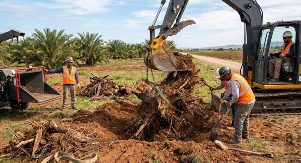extraccion de tocon de arbol en un campo