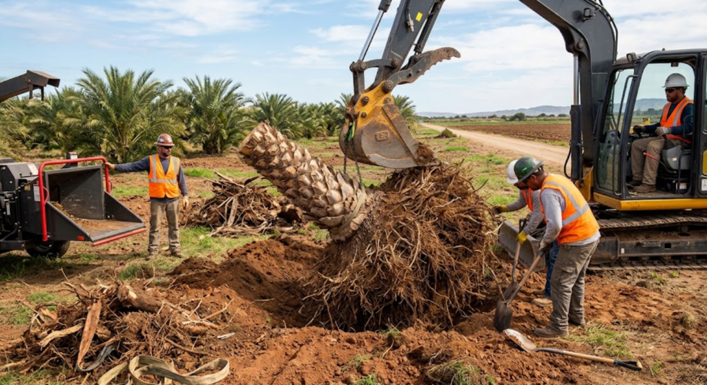 Extracción de tocón de palmera infestada en zona de palmeras