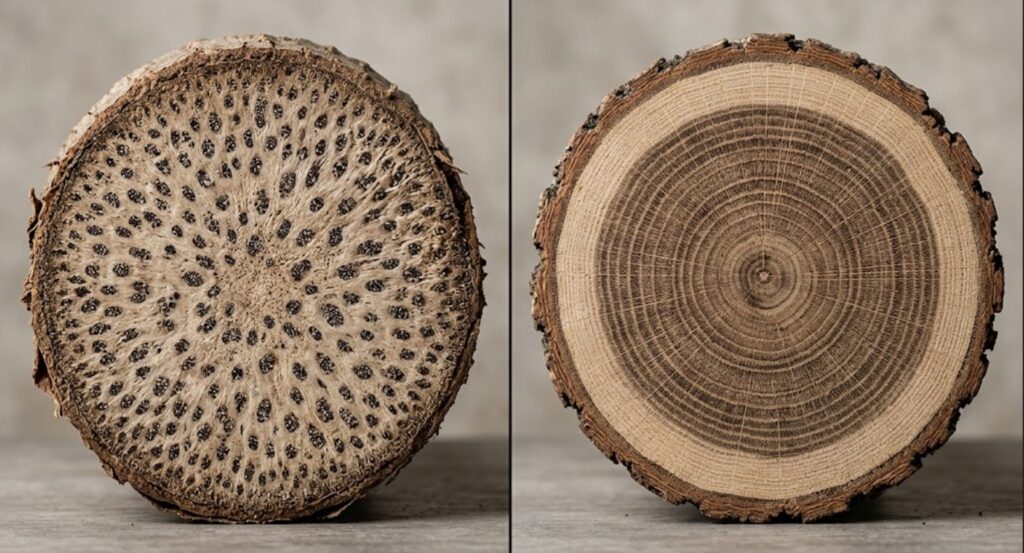 secciones de tronco de árbol (derecha) y del estípite de una palmera (izquierda)
